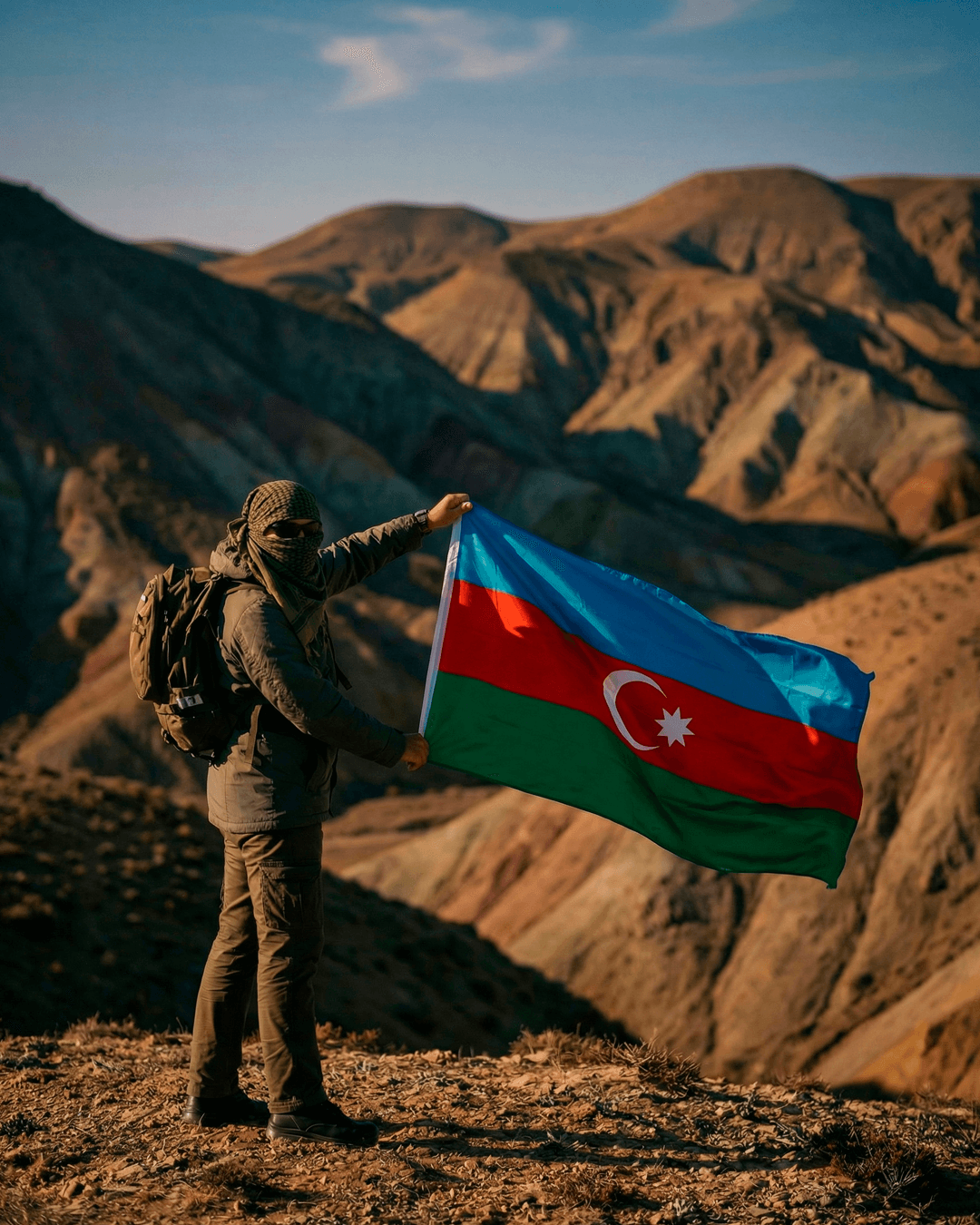 Səyyah heyrətamiz dağ mənzərələri fonunda Azərbaycan bayrağını qürurla dalğalandırır.